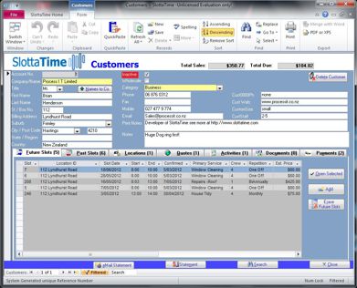 SlottaTime Screen Shot of Customer screen with Tabs for additional details...